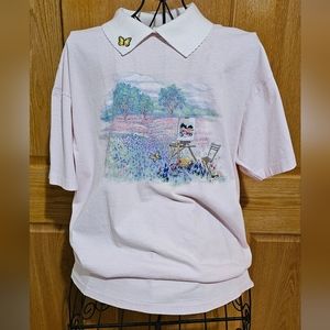 1990's Vintage Top Stitch Tee w/collar, Butterfly Meadows, size large.